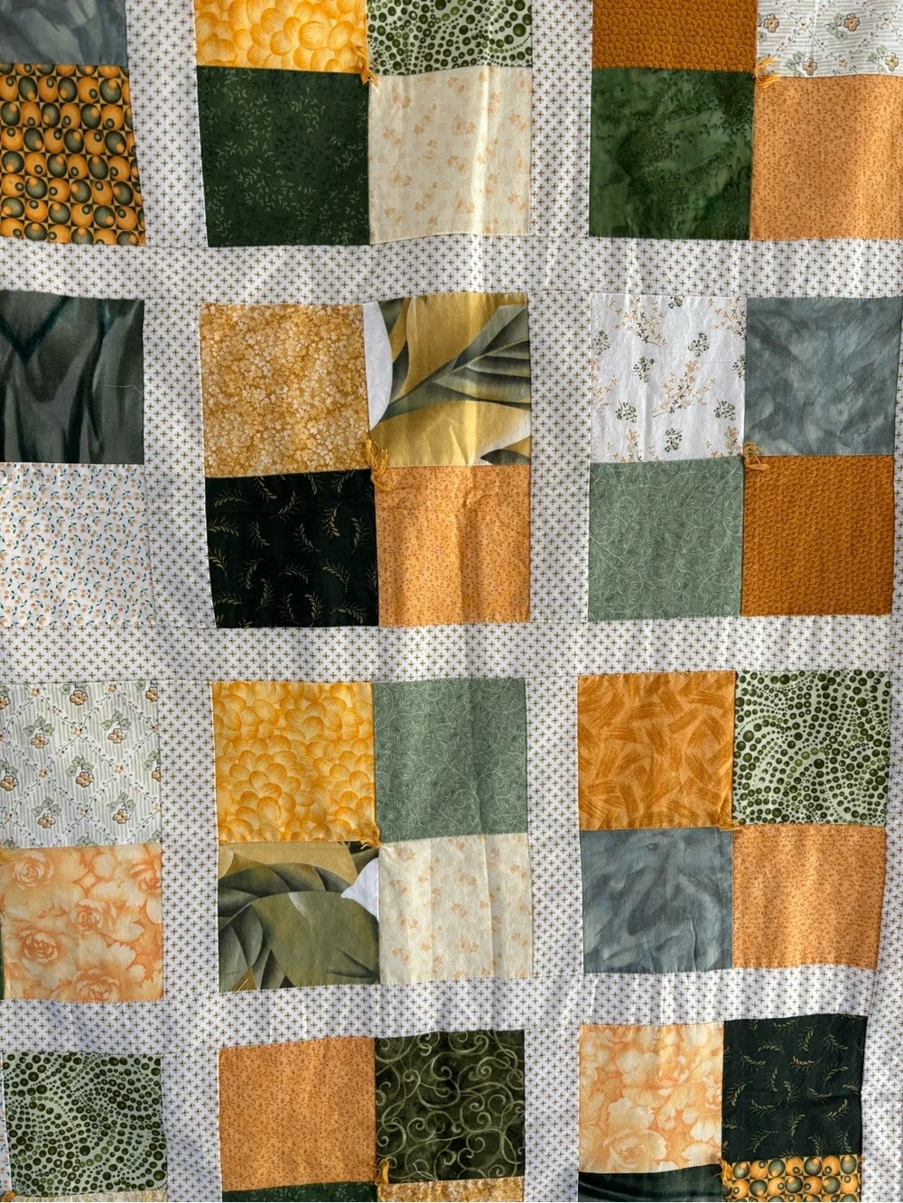 Vintage Handmade Green and Gold Patchwork throw Quilt